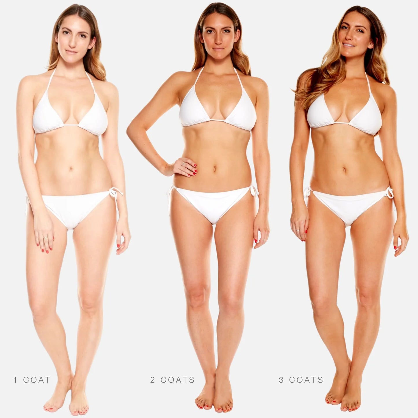 Hampton sunless tanning mist, 1 coat, 2 coats, 3 coats