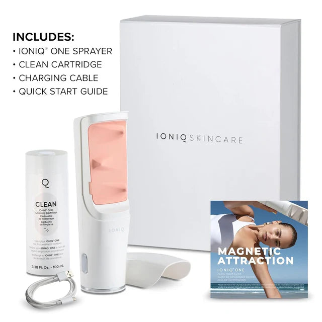 IONIQ skincare device with packaging, sprayer, and accessories on a white background