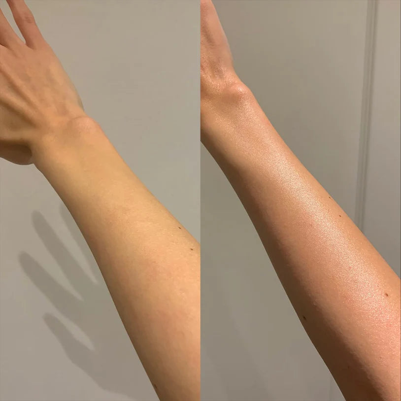 before and after arm photo after using the BODY GLOW. against a neutral background.